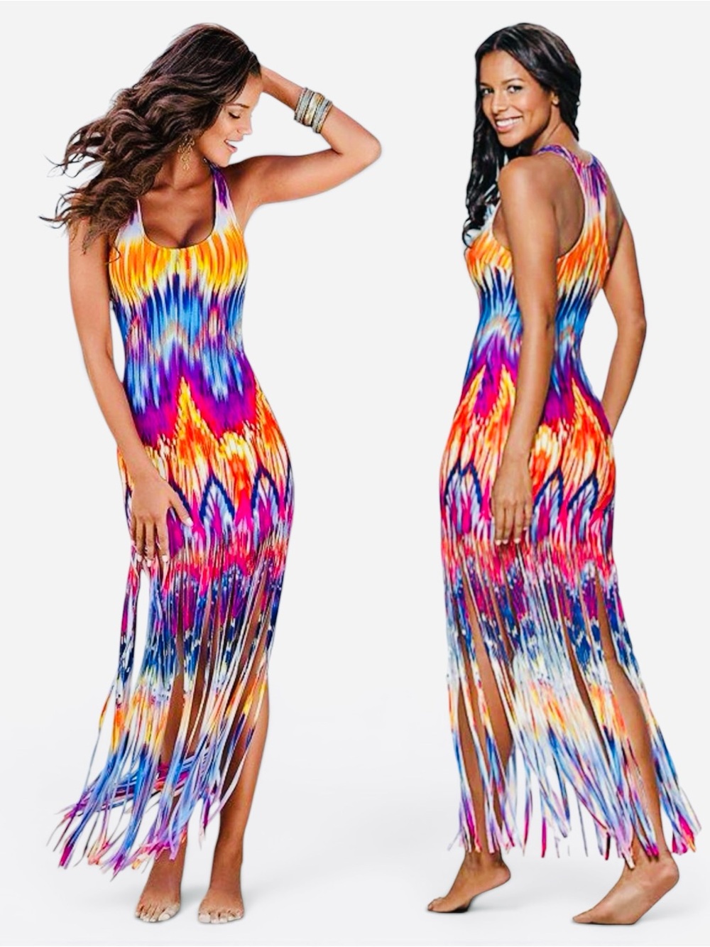 VENUS Vibrant Multicolor Fringe Maxi Dress